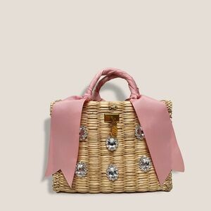 MME. MINK Gigi Basket Handbag 💎Rose Ribbon Pink / Tan Woven w Spare Jewels
